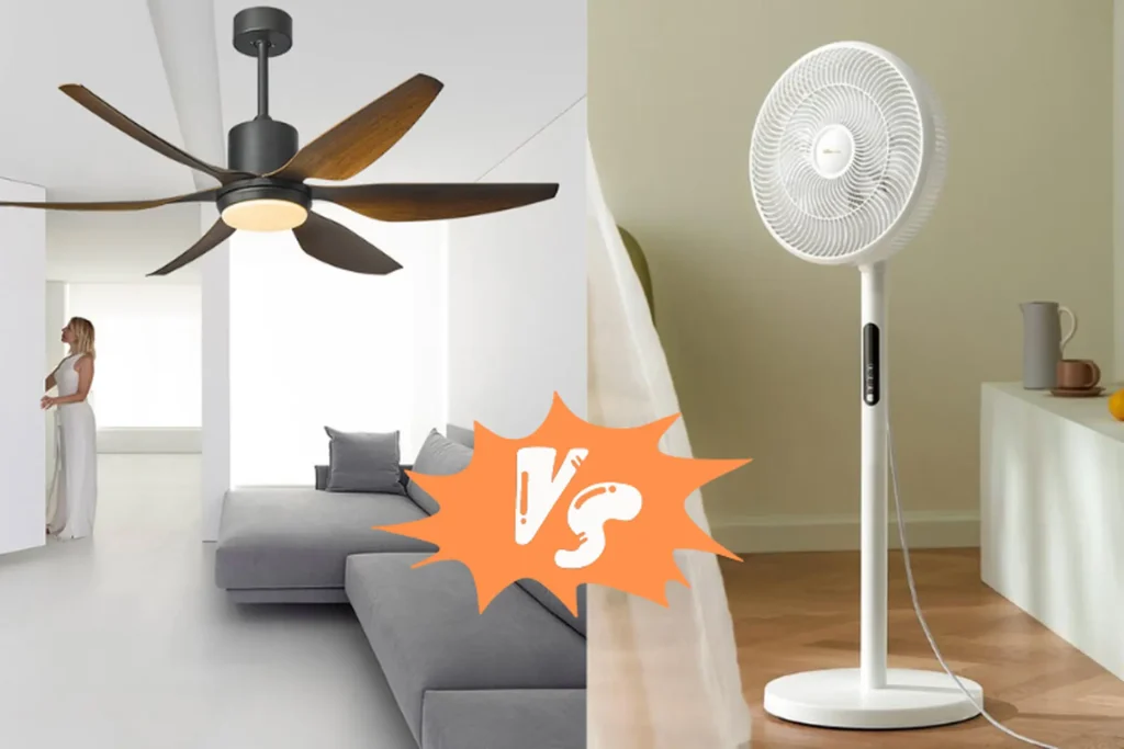 Điểm khác biệt lớn nhất giữa quạt trần và quạt cây nằm ở cách lắp đặt cũng như phạm vi tạo gió.