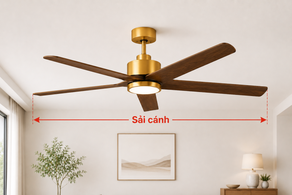Sải cánh quạt trần là khoảng cách được tính từ đầu cánh quạt này đến đầu cánh đối diện khi quạt đã được lắp ráp hoàn chỉnh.