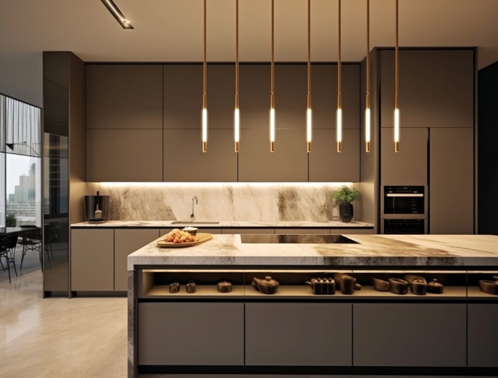 Khu vực nấu ăn là nơi cần cường độ chiếu sáng cao nhất trong phòng bếp bởi đây là vị trí thường xuyên sử dụng dao, bếp nấu và các thiết bị điện