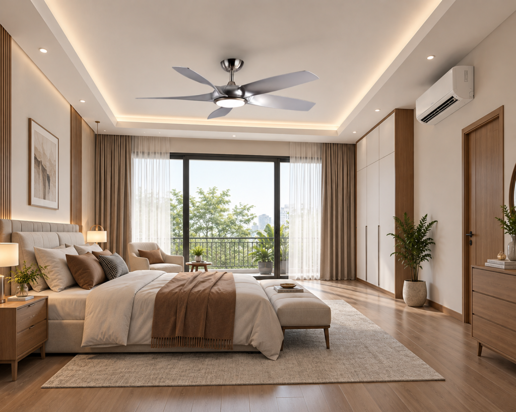 Quạt trần kết hợp điều hòa trong không gian phòng ngủ giúp lưu thông không khí và tăng hiệu quả làm mát