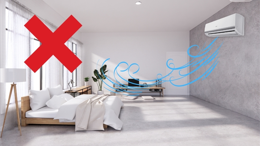 Vị trí lắp điều hòa trong phòng ngủ cần tránh hướng gió lạnh thổi trực tiếp vào giường ngủ